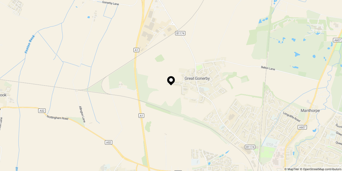 Approximate location of Belvoir Gardens, Great Gonerby, Grantham, Lincolnshire, NG31 8LG