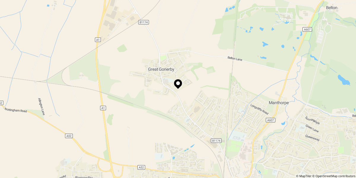 Approximate location of Woffindin Close, Great Gonerby, Grantham, Lincolnshire, NG31 8LP